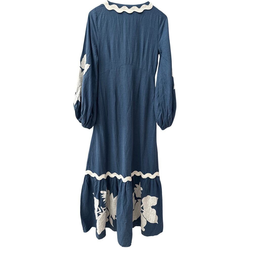 Farm Rio Flounce Blue & White Embroidered Linen-Blend Maxi Dress Pockets Size XS - Picture 12 of 14